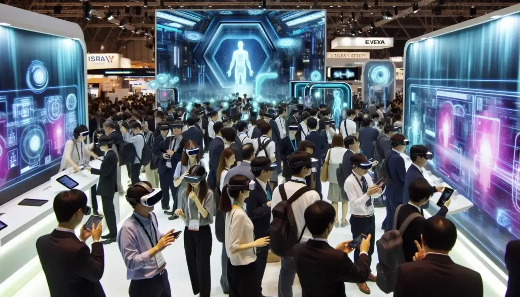 A futuristic exhibition concept with visitors all using VR headsets to access information. 