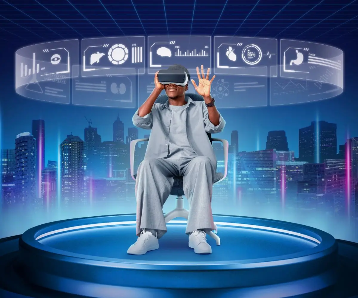 A Person Uses A Vr Headset To Visualise Graphs.