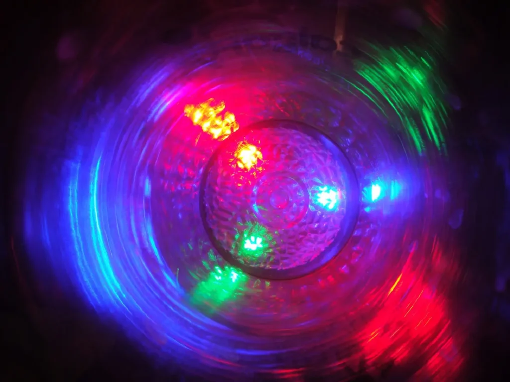 A close-up of an LED showing red, blue, and green colours. 
