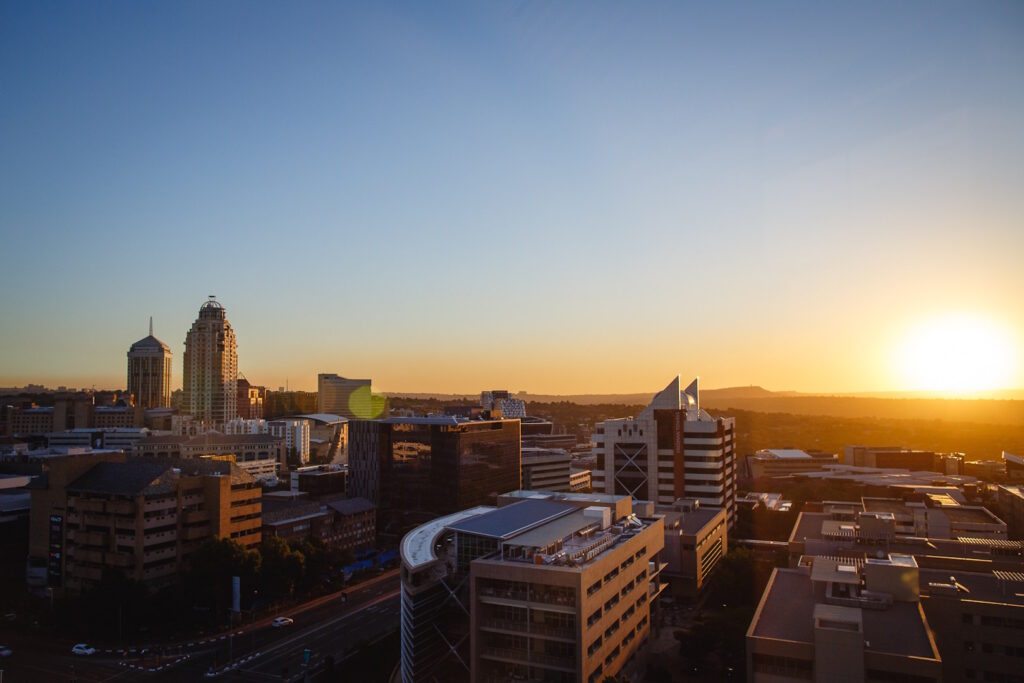 Sandton city skyline at sunset.