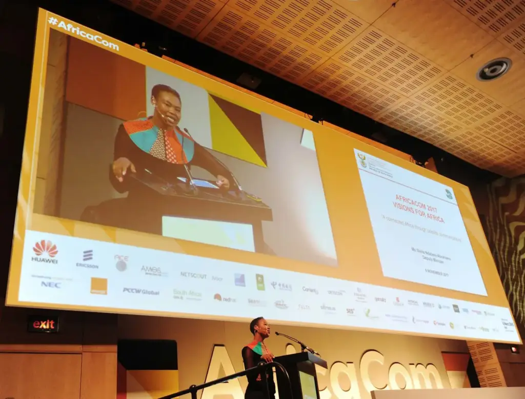 Minister Stella Ndabeni-Abrahams of South Africa gives a talk at AfricaCom at Africa Tech Festival.