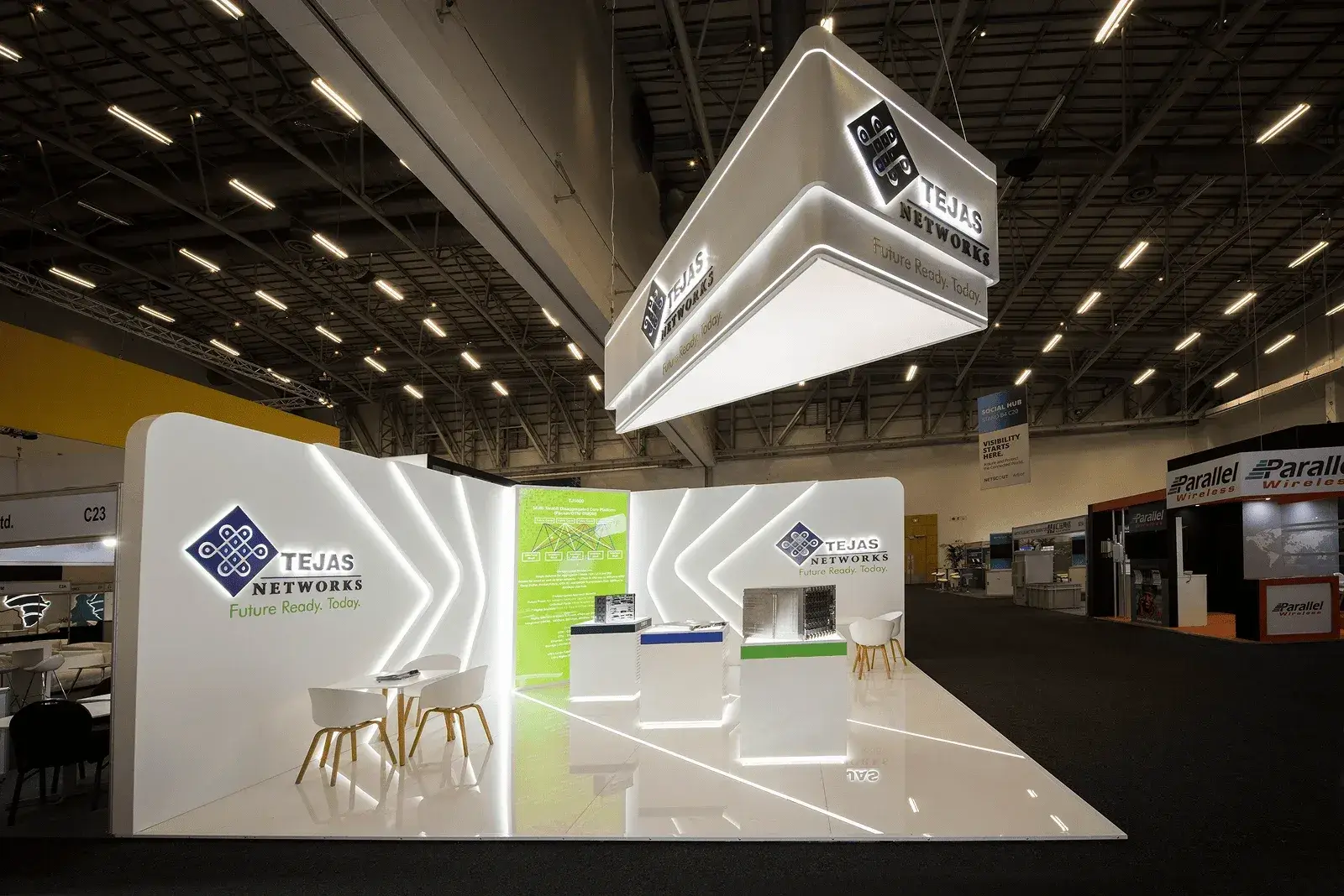 Project-managed stand build with demonstration counters and signage in place