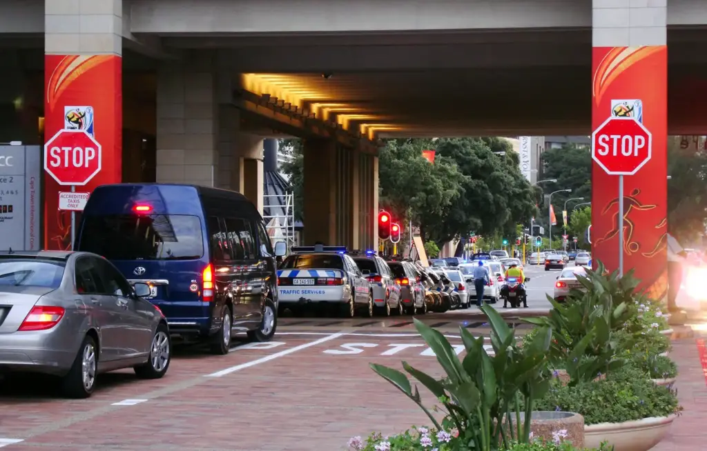 Traffic lining up at the main CTICC entrance in the CBD.
